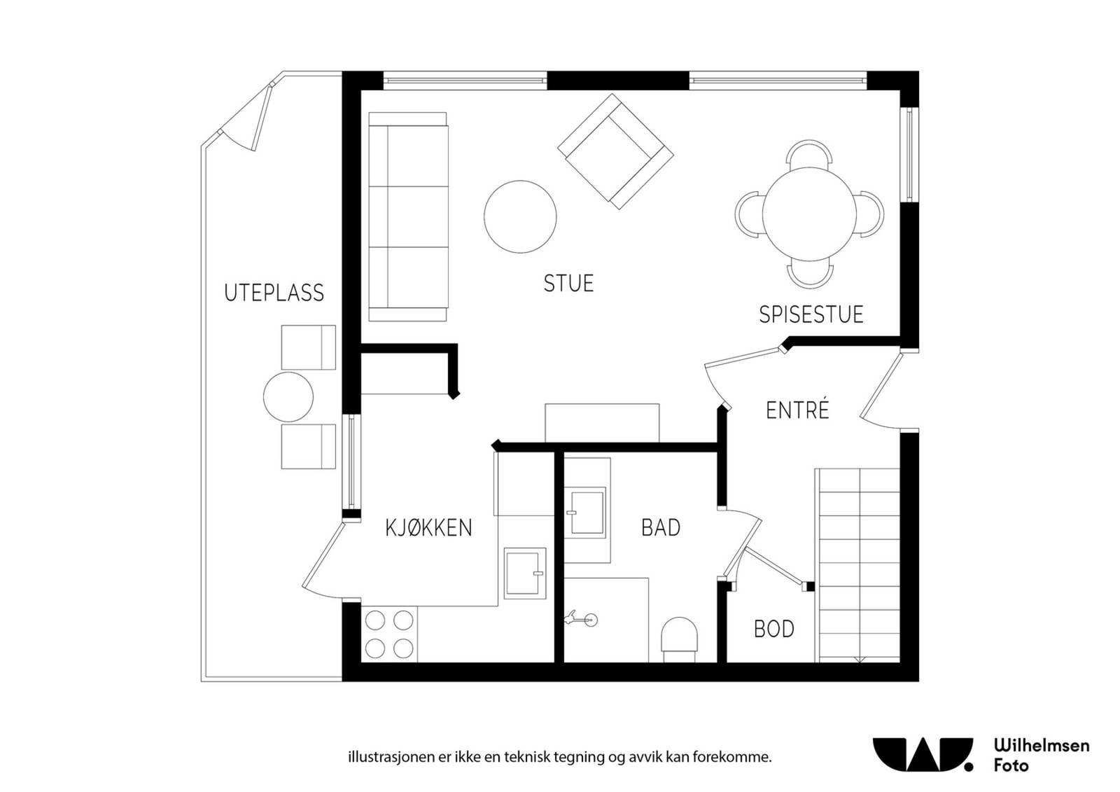 1.plan: Entré (6,0 m²), stue (18,4 m²), bad (3,5 m²) og kjøkken (5,4 m²) Galleribilde