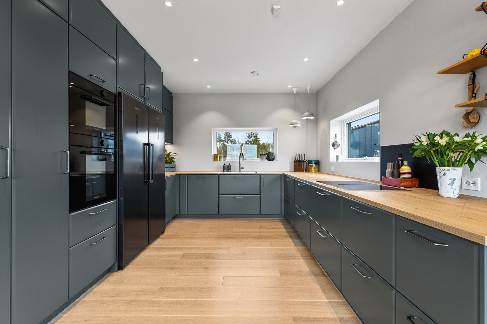 Av utstyr medfølger integrert induksjonsplatetopp m/nedfelt ventilator, stekeovn, mikro, oppvaskmaskin, samt frittstående kjøleskap og fryseskap. Automatisk vannstopper, samt komfyrvakt er montert. Galleribilde