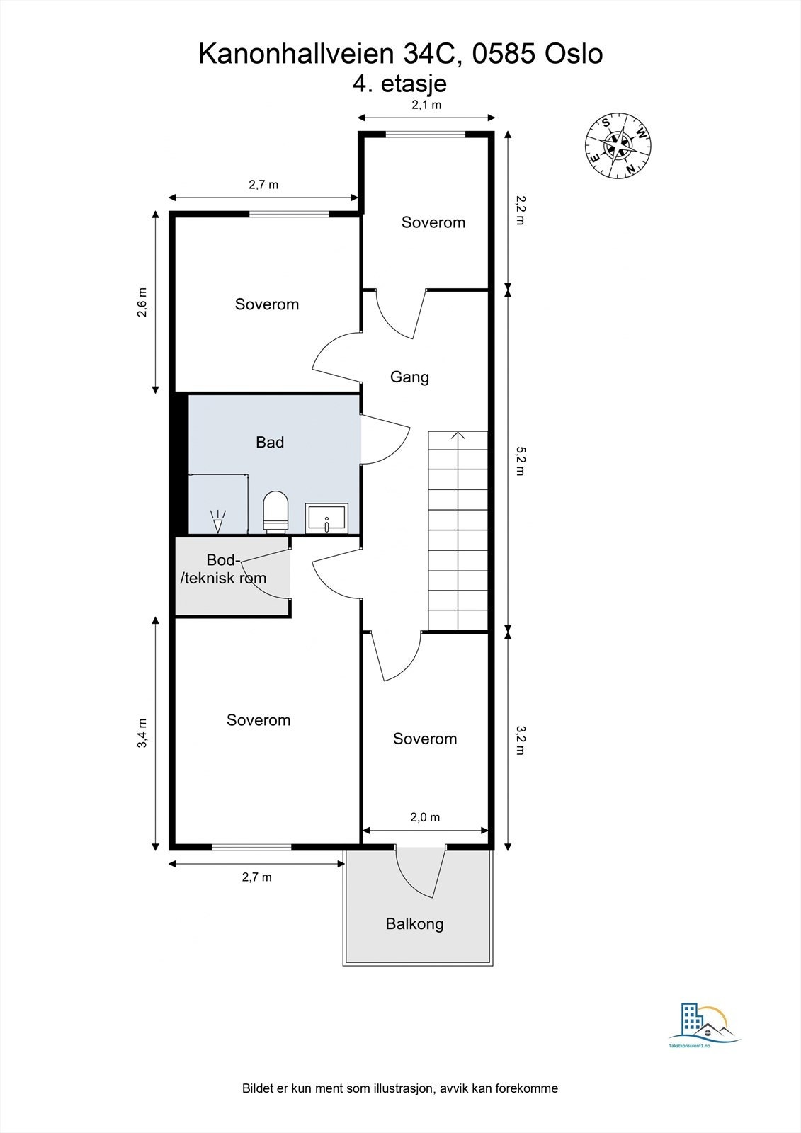 Andre etasje inneholder fire soverom, bad, bod og utgang til den andre balkongen. Galleribilde
