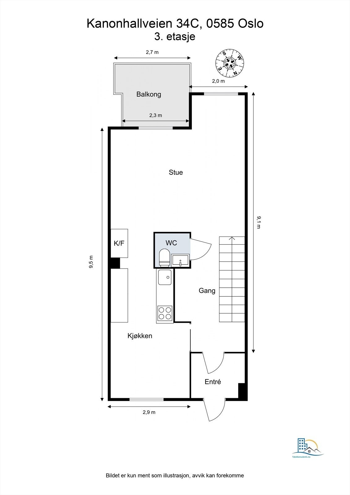 Leilighetens første plan inneholder entré, kjøkken, stue, wc og utgang til balkong. Galleribilde