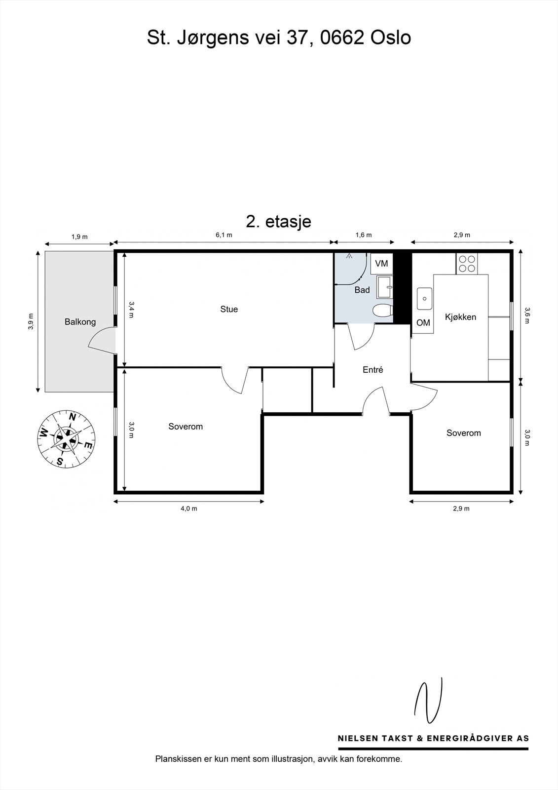 Leiligheten byr på en luftig stue med utgang til balkong, separat kjøkken, to romslige soverom, et pent flislagt bad og en innbydende entré. Galleribilde