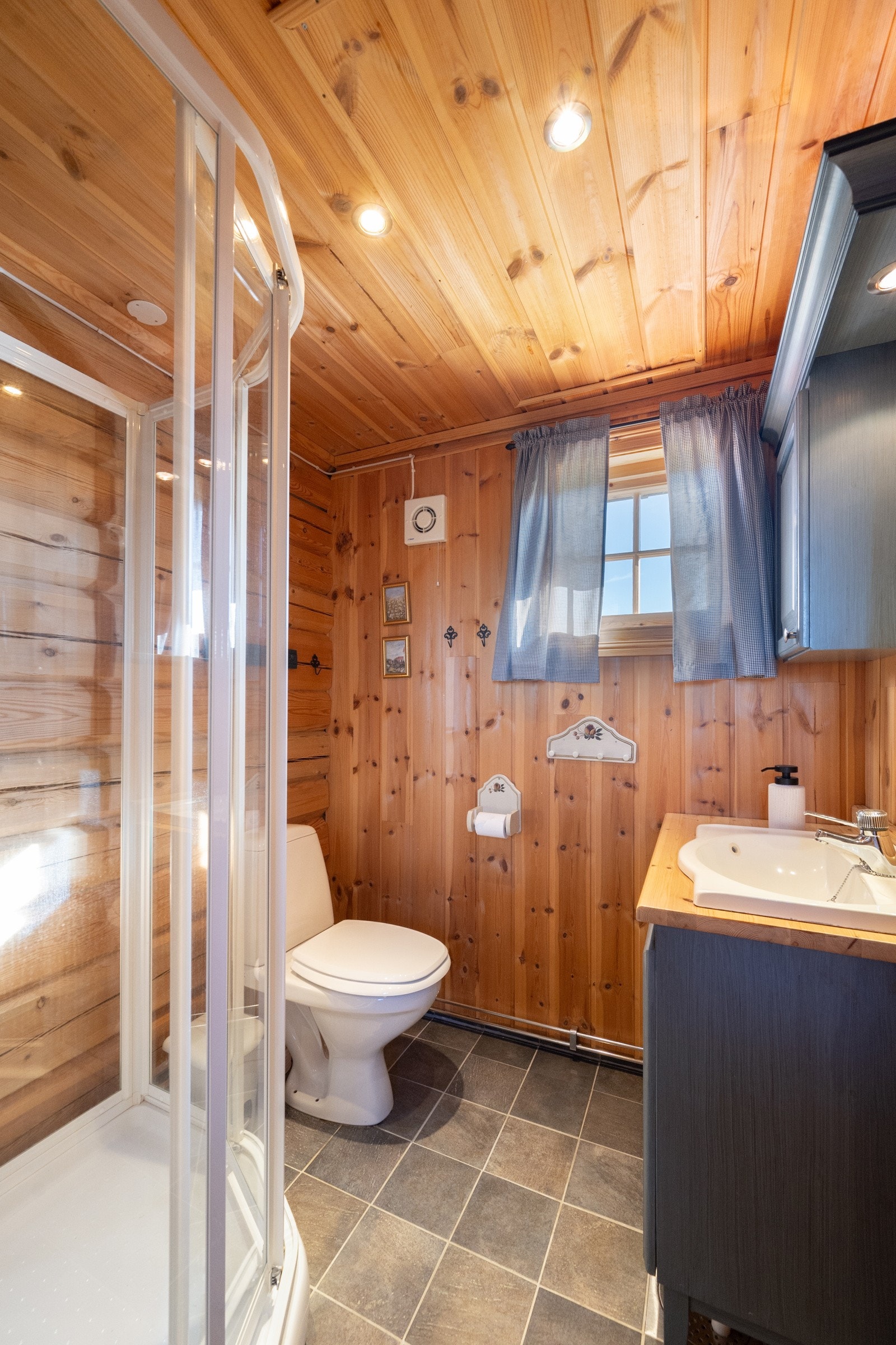 Rommet er utstyrt med servantinnredning, toalett, dusjkabinett og elektrisk avtrekksvifte. Galleribilde