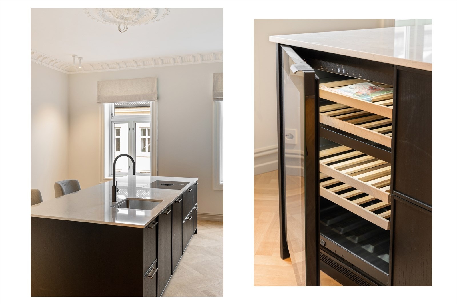 Kjøkkenøy også fra Bærum Kjøkkenstudio. Integrerte hvitevarer, herunder induksjon platetopp, stekeovn, kjøleskap, fryseskap, vinskap og oppvaskmaskin. Galleribilde