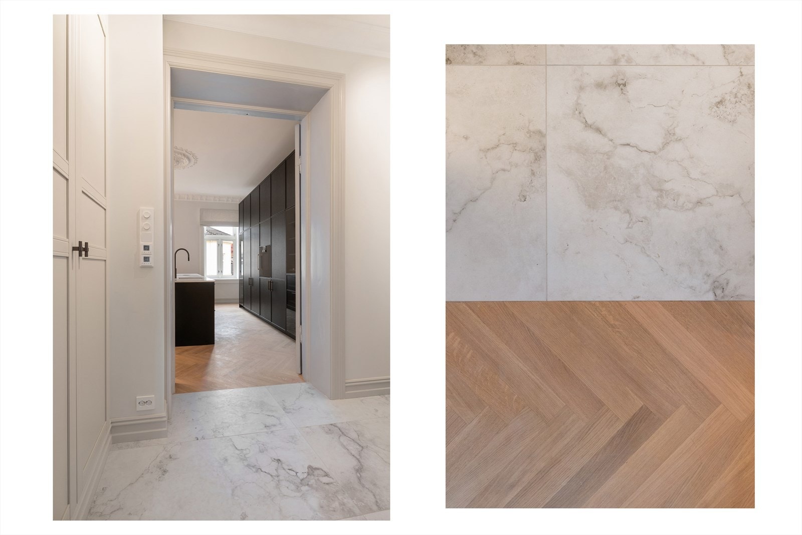 Eksklusive fliser og fiskebeinsparkett. Galleribilde