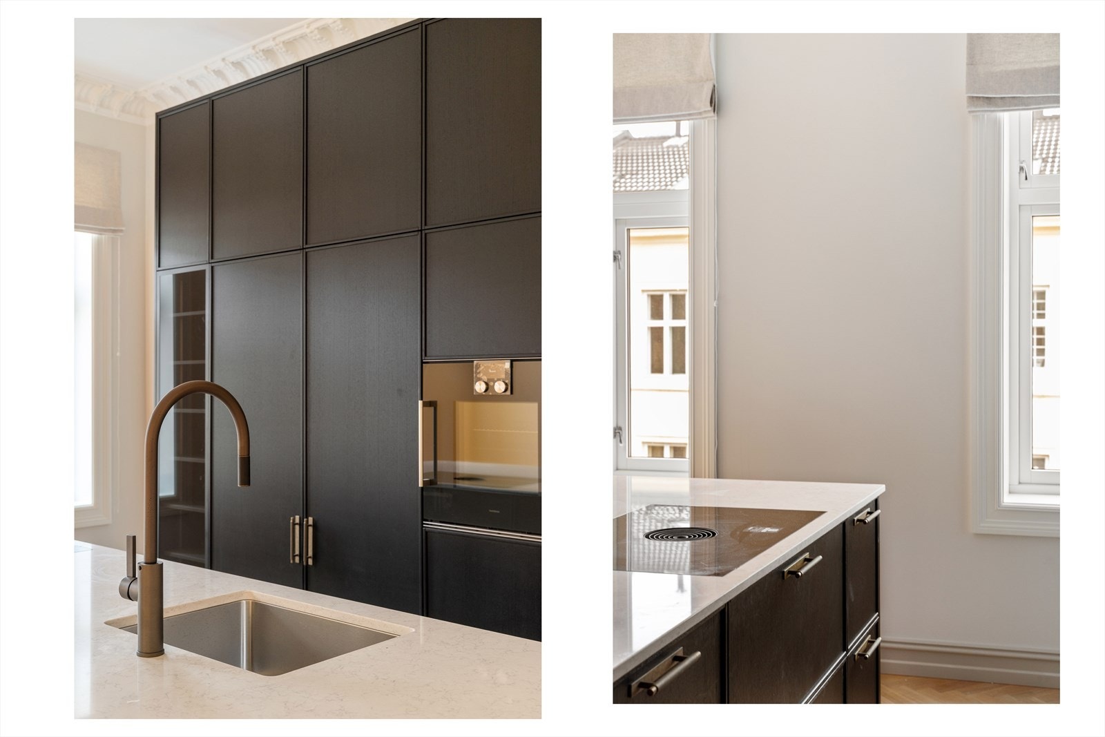 Eksklusivt og innholdsrikt kjøkken fra Bærum Kjøkkenstudio fra 2025 med mørke fronter, benkeplate i stein (kompositt) og underlimt oppvaskkum i stål. Galleribilde