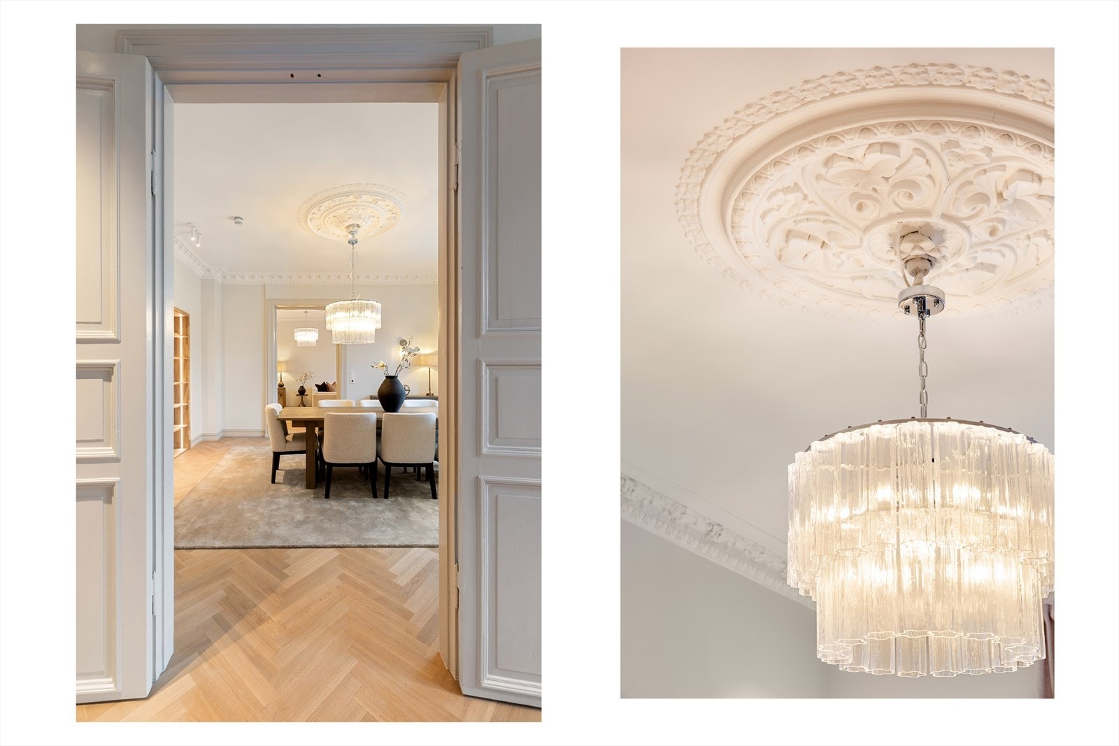 Leiligheten har klassiske detaljer som rosett og stukkatur, samt store 2-fløyet dører som skaper en hyggelig atmosfære. Galleribilde