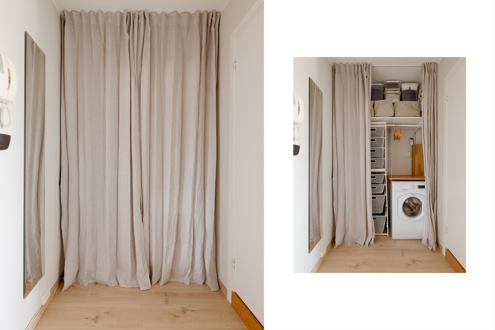 I forbindelse med entréen finner du en praktisk vaske-løsning, med opplegg for vaskemaskin og oppbevaring. Galleribilde