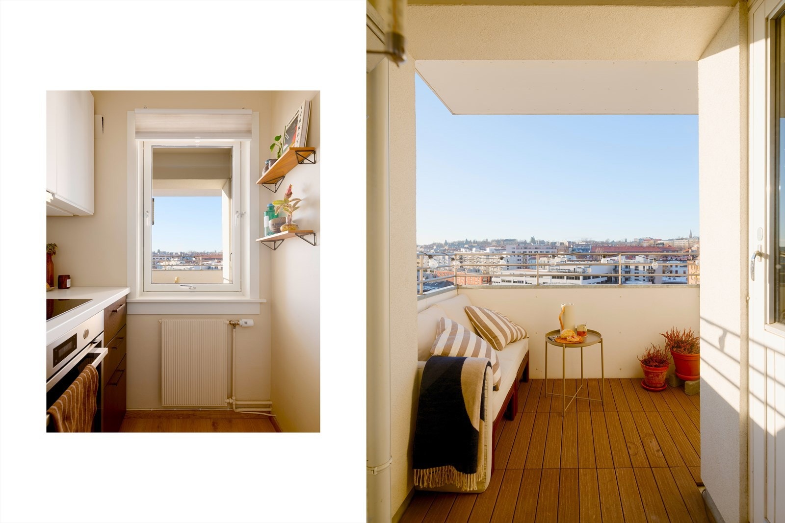 Nyt utsikten over byens tak fra både balkong og kjøkken. Galleribilde