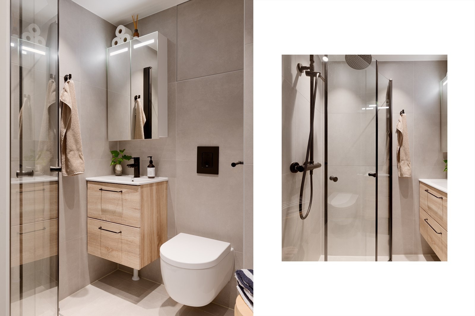 Dette ble oppgradert i regi av borettslaget i 2022. Badet er innredet med servant på servantskap, speilskap, vegghengt toalett og hjørnedusj med både hånddusj og regnfallshode. Galleribilde