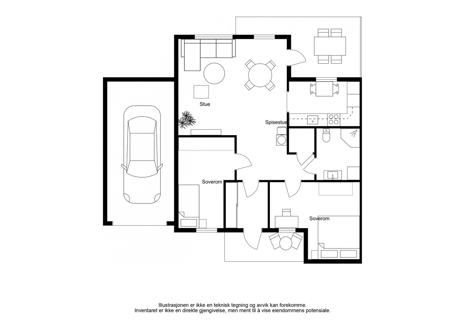 Boligen har tre soverom, stue, spisestue, kjøkken, bad og garasje. Galleribilde