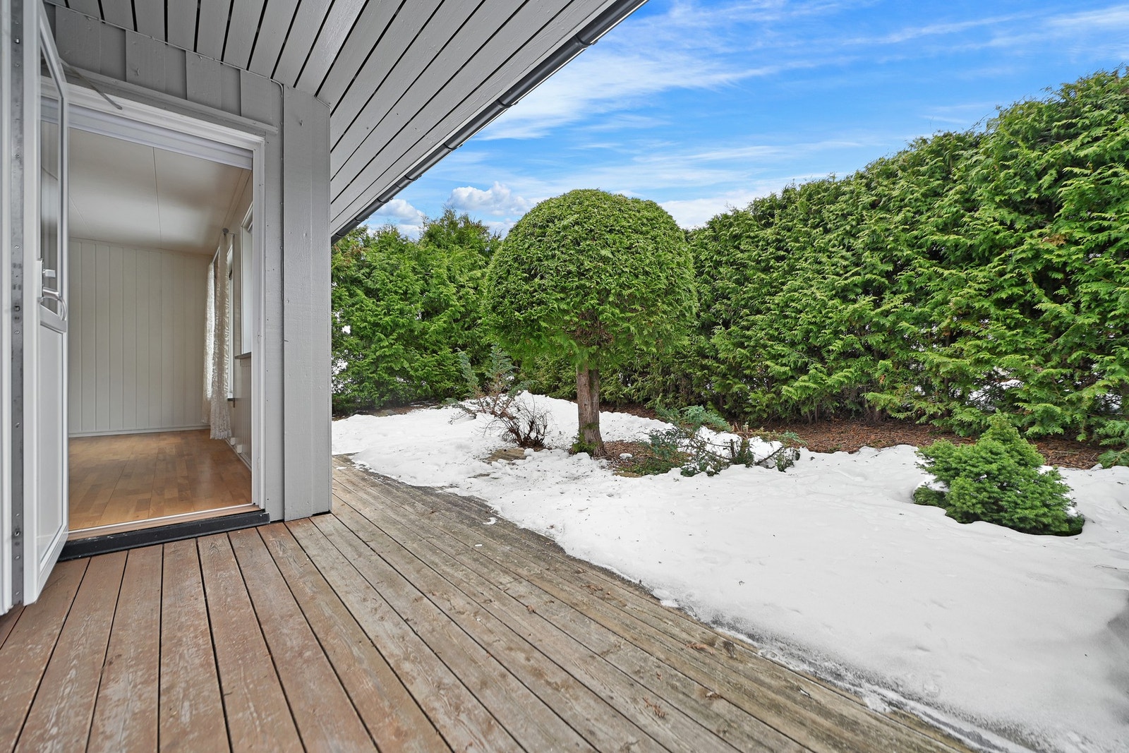 Terrasse med tredekke og snødekt hage, omgitt av grønne busker og trær. Galleribilde