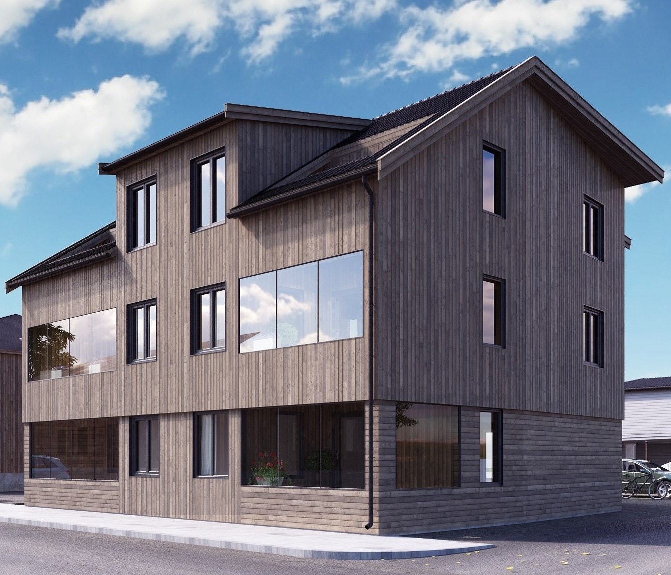 Illustrasjonsbilde av fremside fasade på leilighetsbygget det foreligger rammetillatelse for. Avvik vil forekomme. Galleribilde