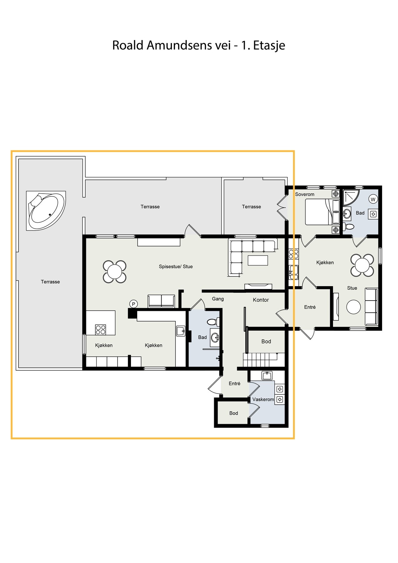 Planskisse for første etasje, med markering av boligens hoveddel og den interne adkomsten. Ikke målholdig. Detaljer kan avvike. Galleribilde