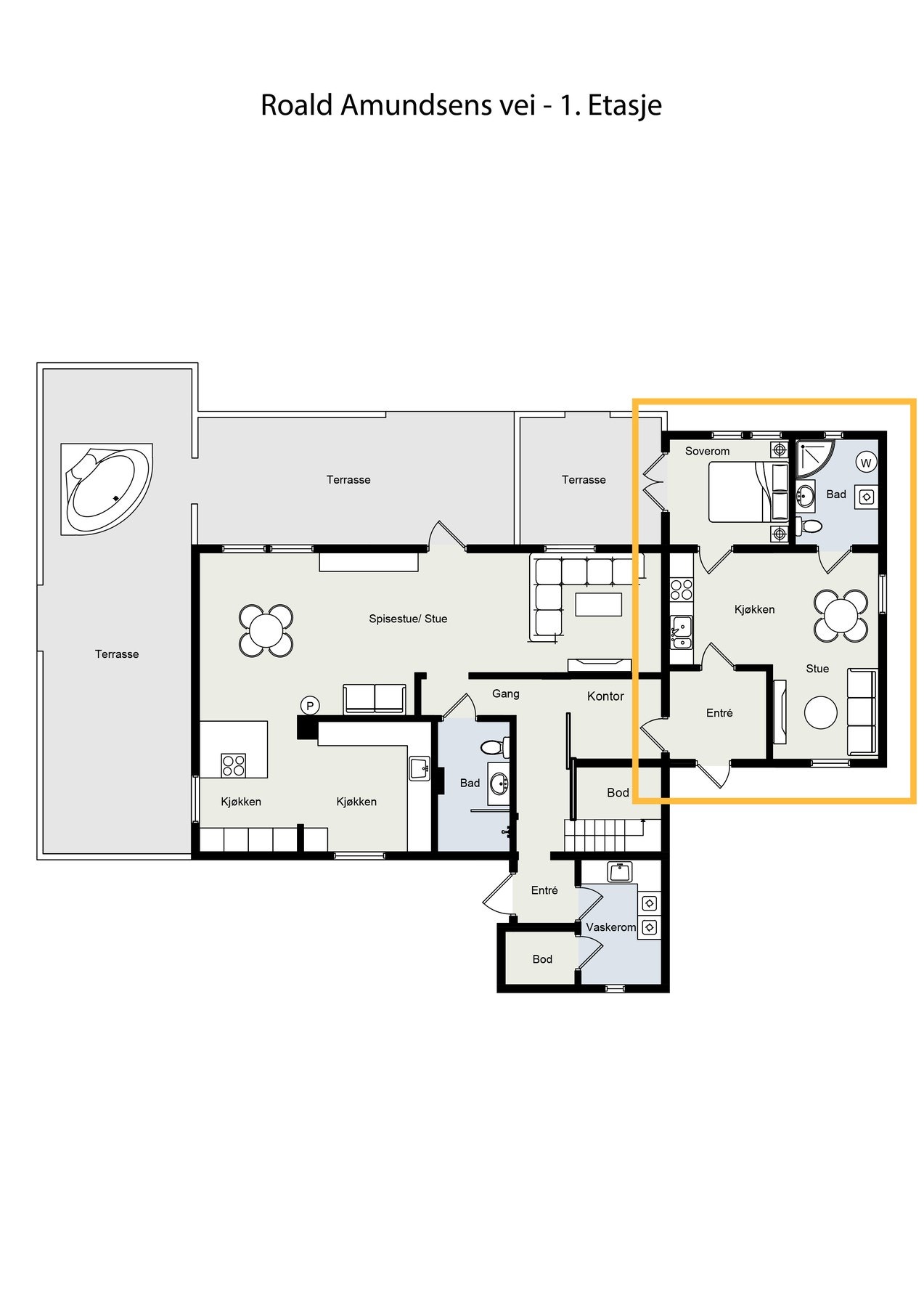 Planskisse for første etasje, med markering av generasjonsdelen. Ikke målholdig. Detaljer kan avvike. Galleribilde