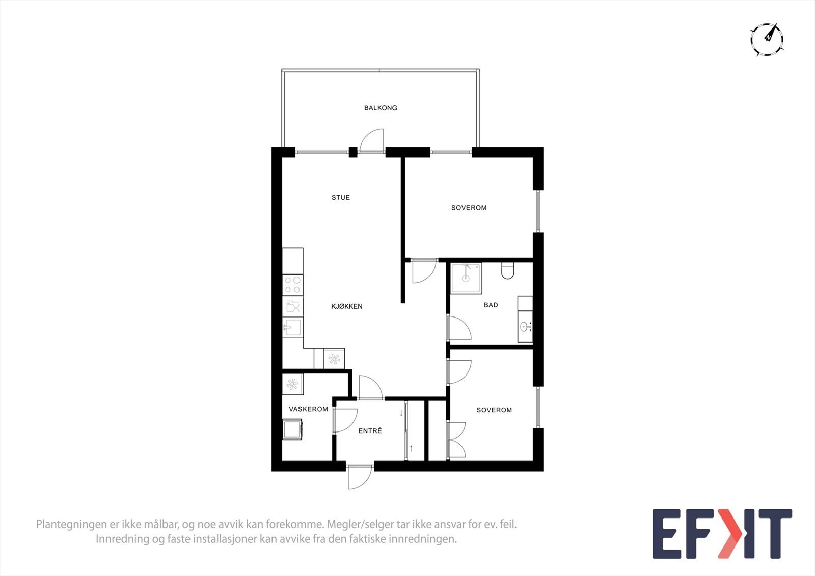 Leiligheten har en arealeffektiv planløsning med en sosial, åpen sone og to soverom. Galleribilde