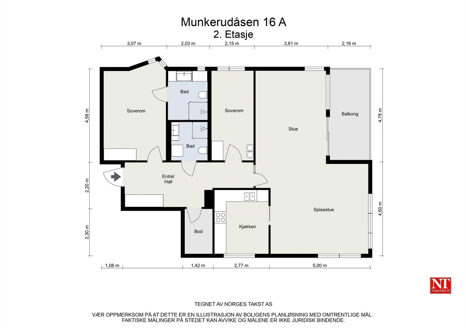 Fin planløsning som består av entré/hall, to soverom, to bad, en innvendig bod, kjøkken og stue/spisestue. Galleribilde