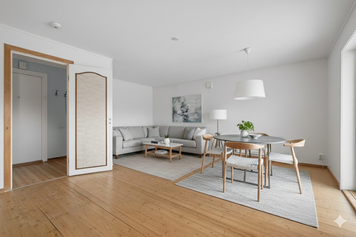 Dette er et AI-redigert bilde som viser hvordan stuen potensielt kan se ut Galleribilde