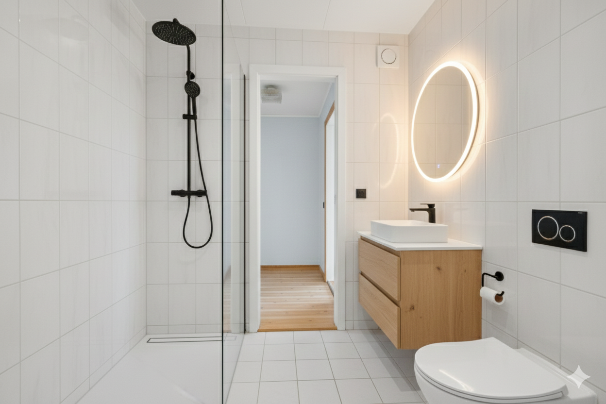 Dette er et AI-redigert bilde som viser hvordan baderommet potensielt kan se ut Galleribilde