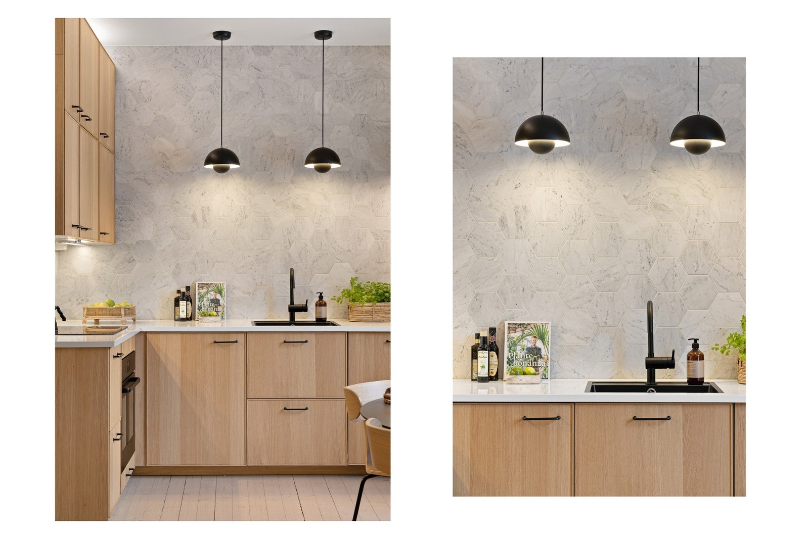 Over benkeplatene er det montert marmorfliser i dekorativt hexagonmønster som tilfører kjøkkenet et eksklusivt uttrykk og en flott kontrast til de slette frontene. Galleribilde