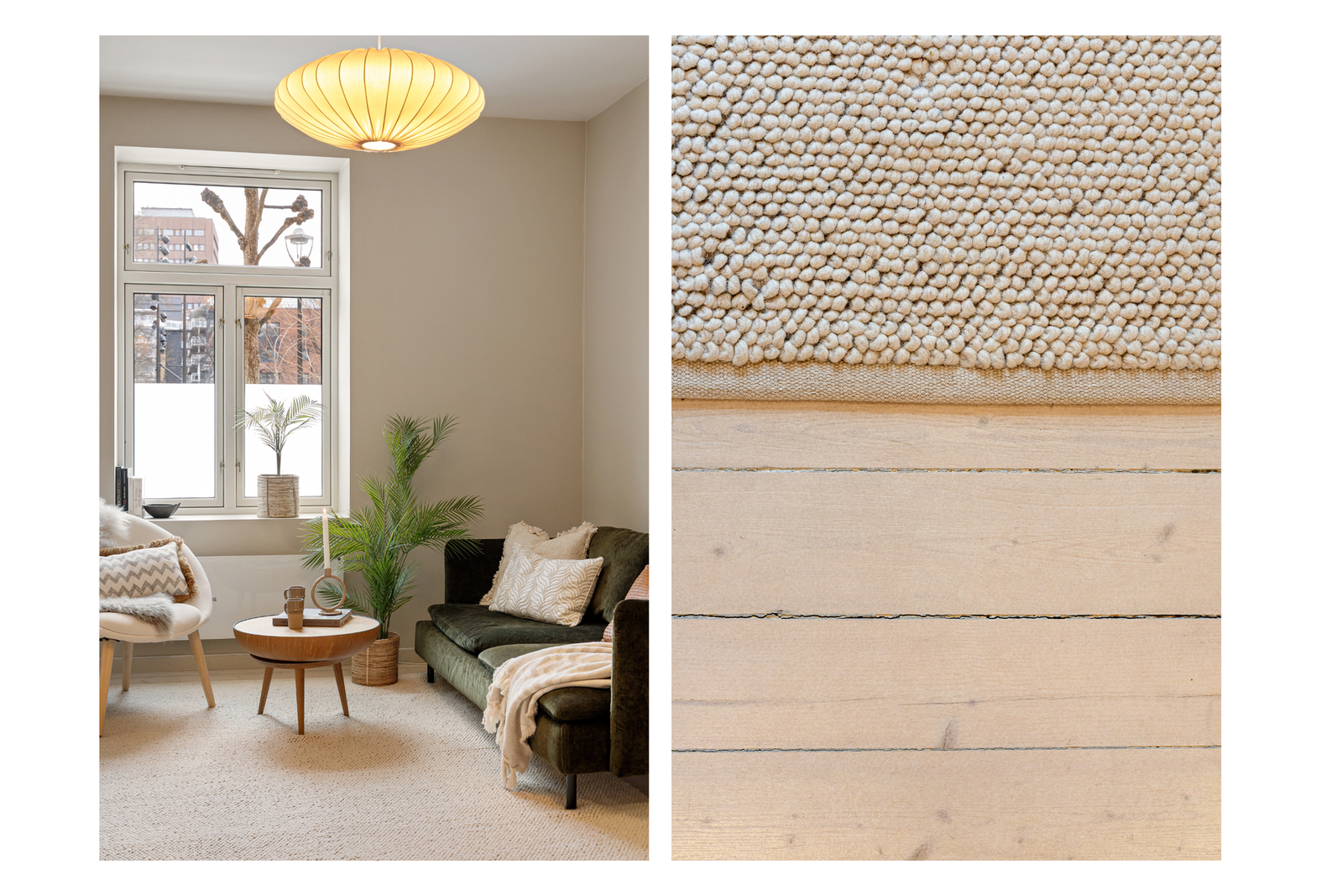 Originalt tregulv i stue og kjøkken ble i 2020 slipt og lutbehandlet, en behandling som både ivaretar gulvets naturlige uttrykk og forebygger gulning over tid. Galleribilde