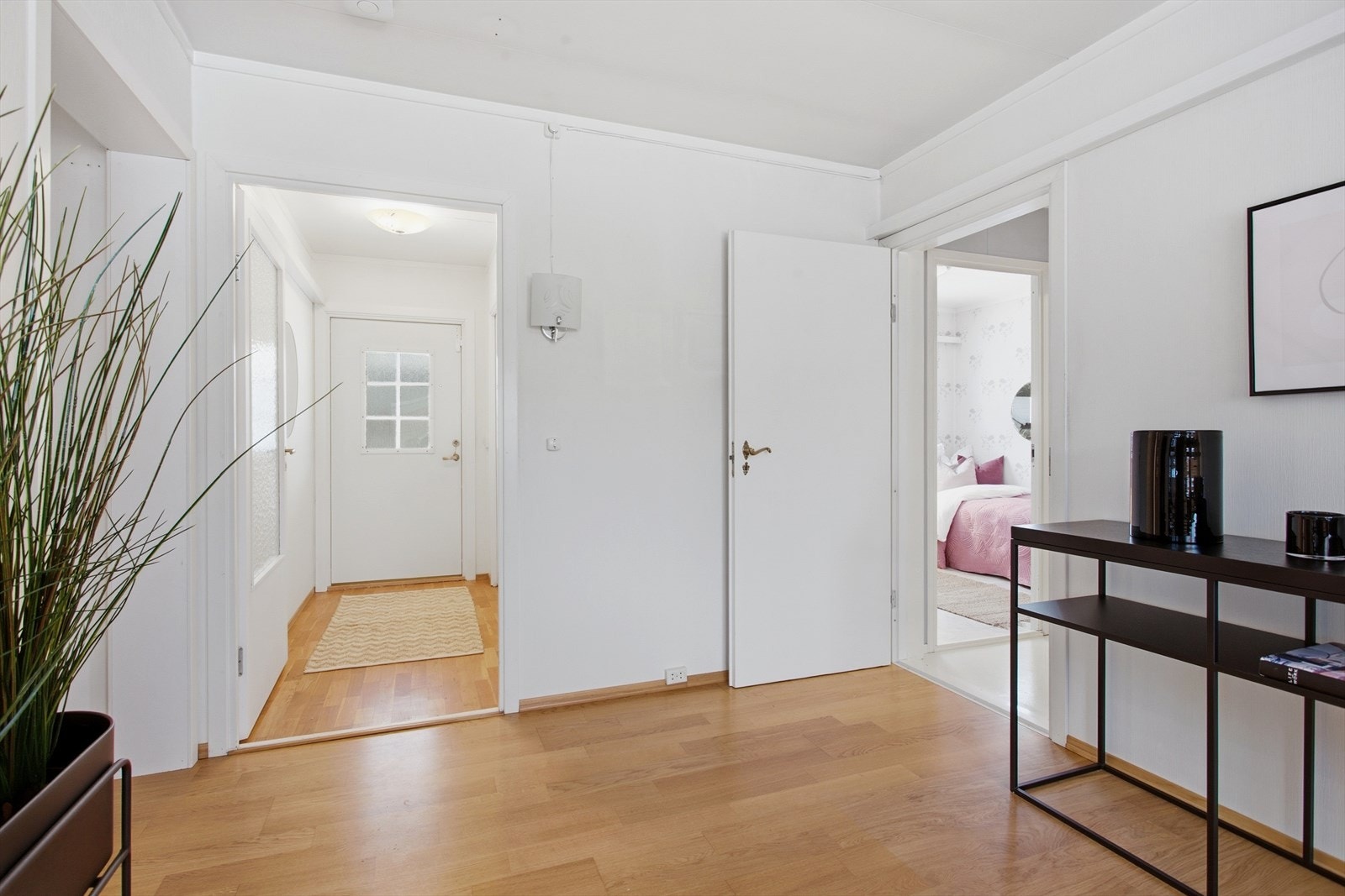 En nyere ytterdør ønsker velkommen inn i en lys entré. Galleribilde