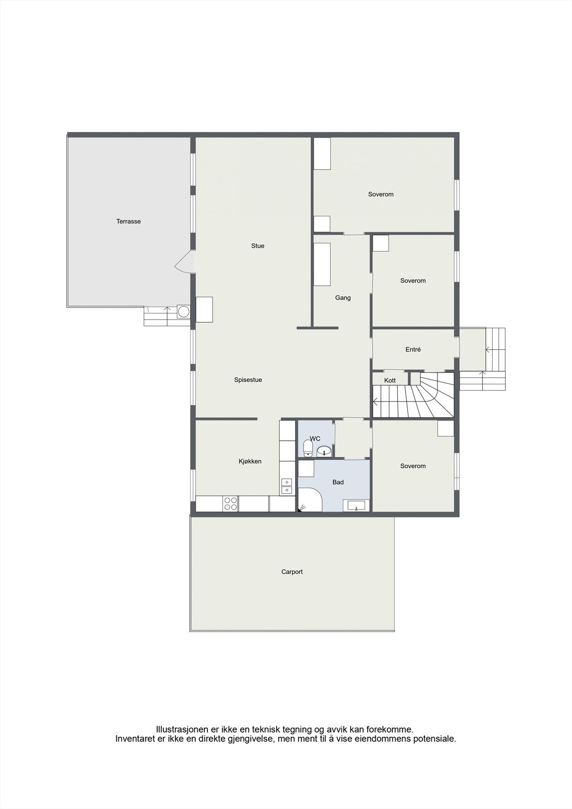 Første etasje har en arealeffektiv planløsning med tre soverom og romslige oppholdsrom. Galleribilde