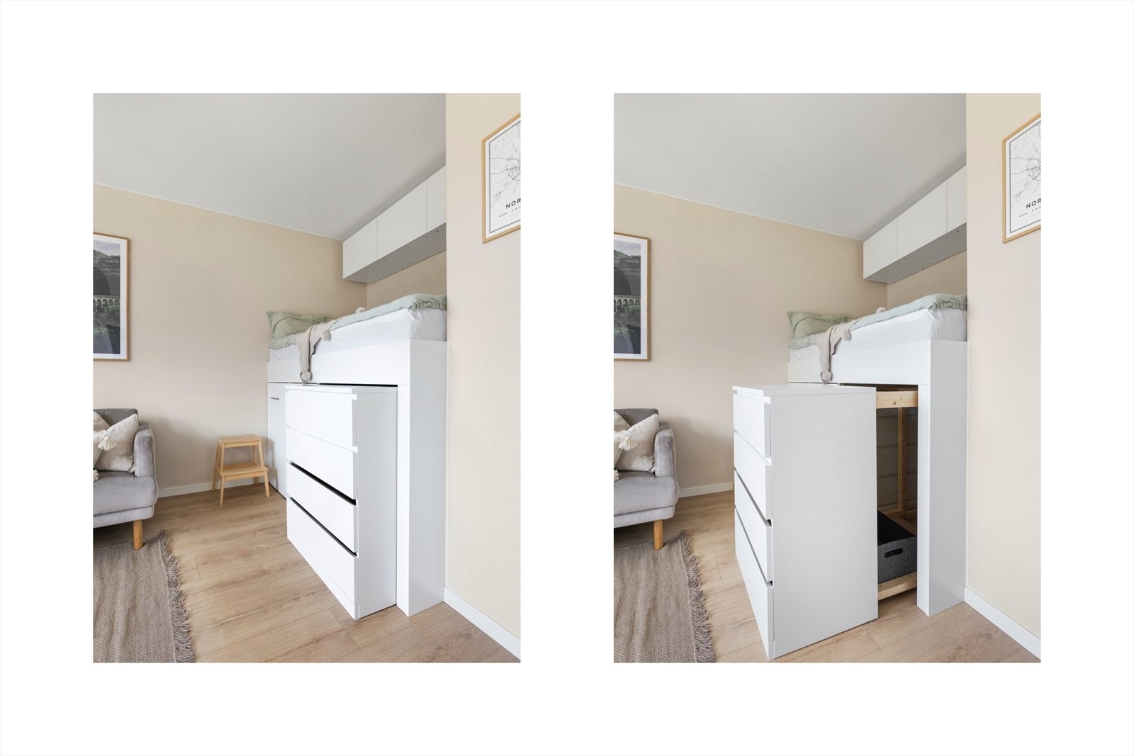 Plassbygd seng med garderobeskap under. Selger har i dag en 120 cm seng der. Galleribilde