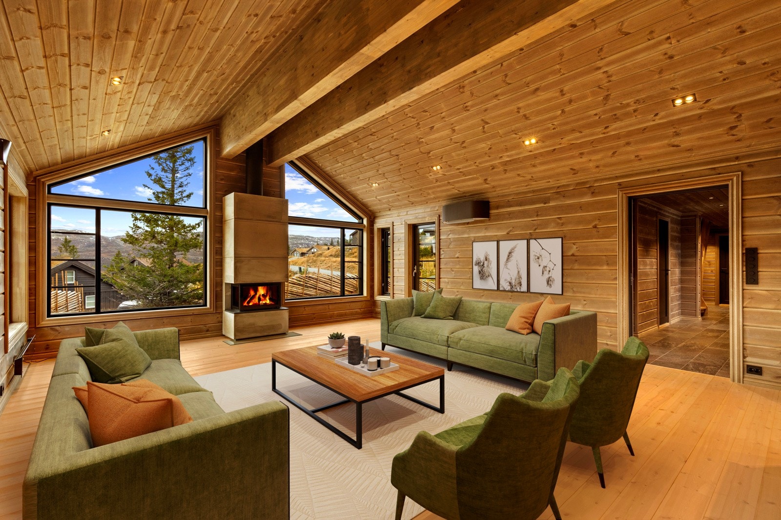 Digitalt innredet bilde. I stuen er det montert varmepumpe. Galleribilde