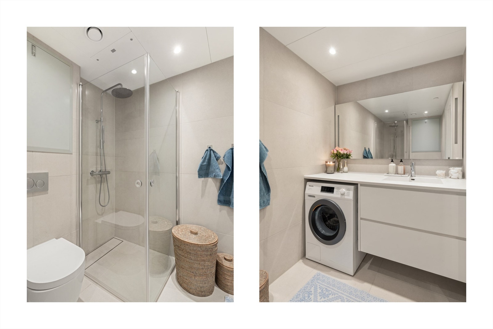 Innredningen består av vegghengt klosett, servant nedfelt i innredning og dusjhjørne med svingbare glassdører. Balansert ventilasjon gir behagelig inneklima. Galleribilde