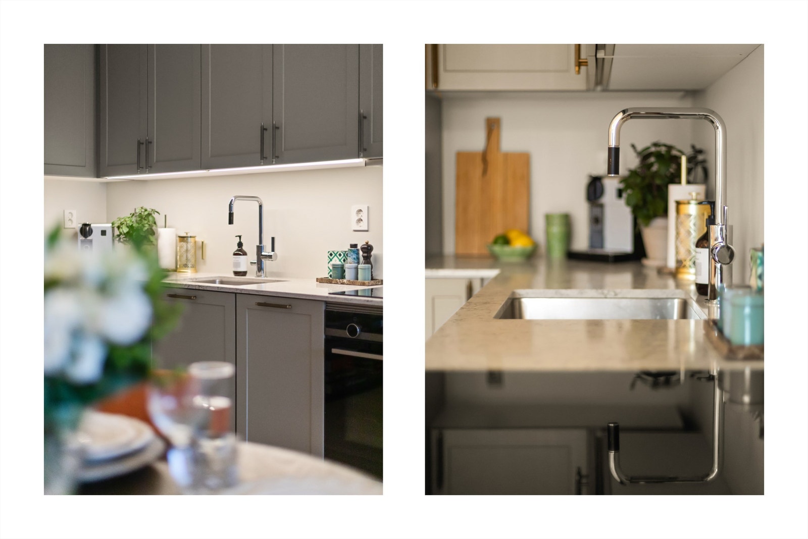 Hvitevarene er sømløst integrert og består av kjøleskap med frys, oppvaskmaskin, induksjonstopp, og stekeovn. Det er montert komfyrvakt og vannstoppsystem. Kjøkkenventilator over kokeplass. Galleribilde