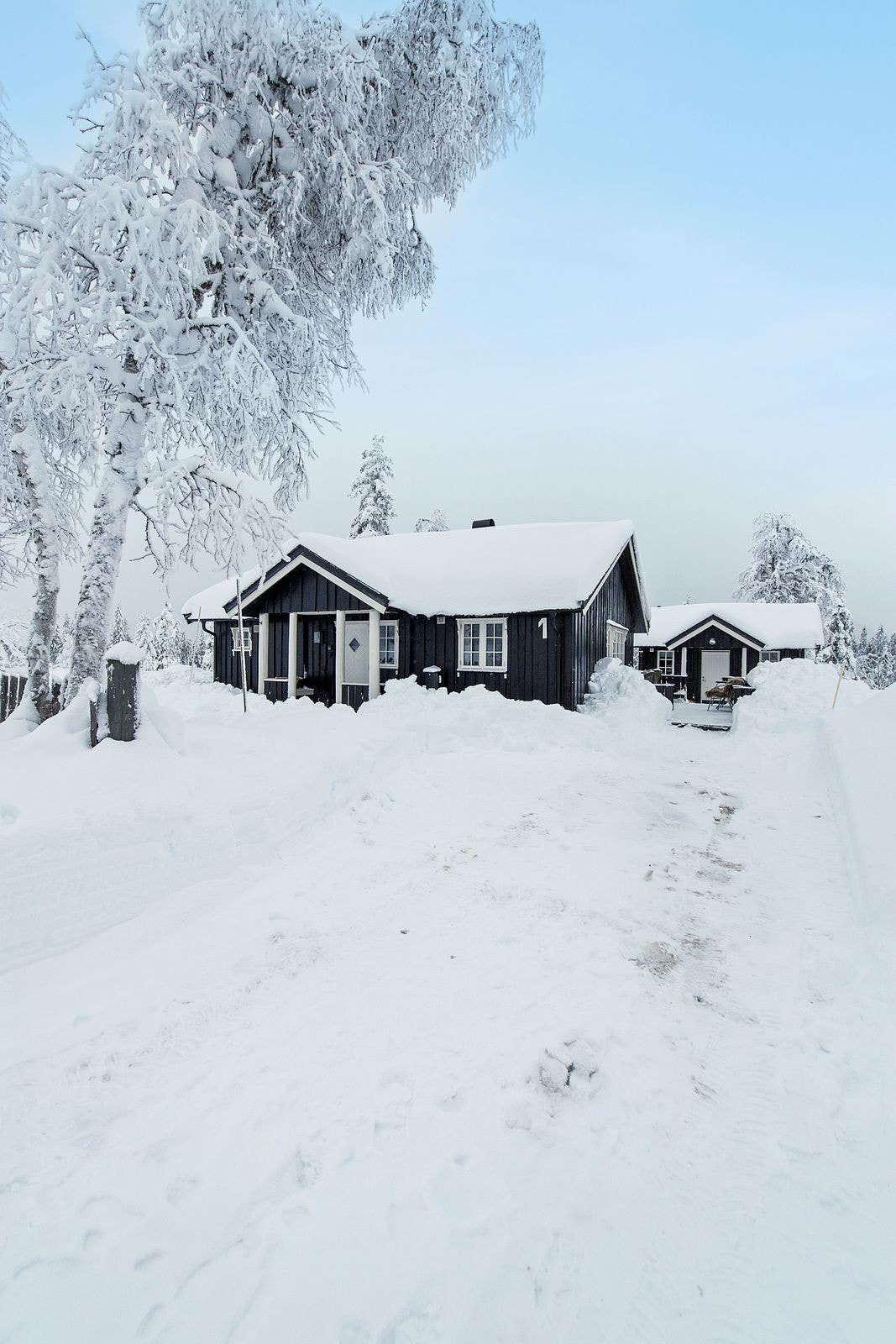 Hytta ligger idyllisk til omkranset av et vakkert vinterlandskap. Galleribilde
