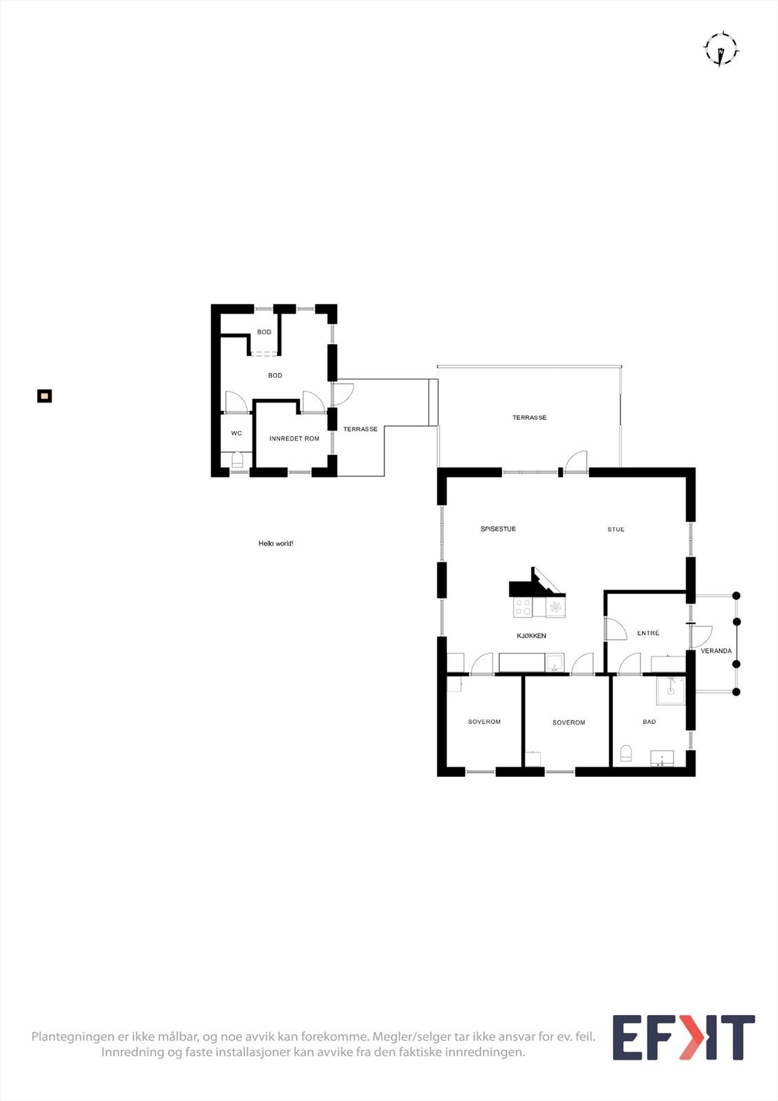 Planløsningen viser en arealeffektiv hytte med uthus, som gir fleksible bruksmuligheter. Galleribilde