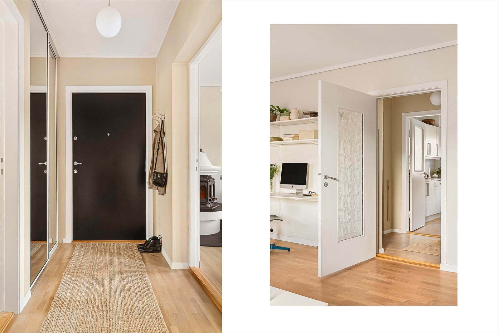 Leilighetens entré på 6,8 kvm gir en luftig og innbydende velkomst, med plass til både sko og yttertøy. Praktisk skyvedørsgarderobe (2019) samt et innebygd skap som gir god oppbevaringsplass og bidrar til en ryddig og oversiktlig hverdag. Galleribilde