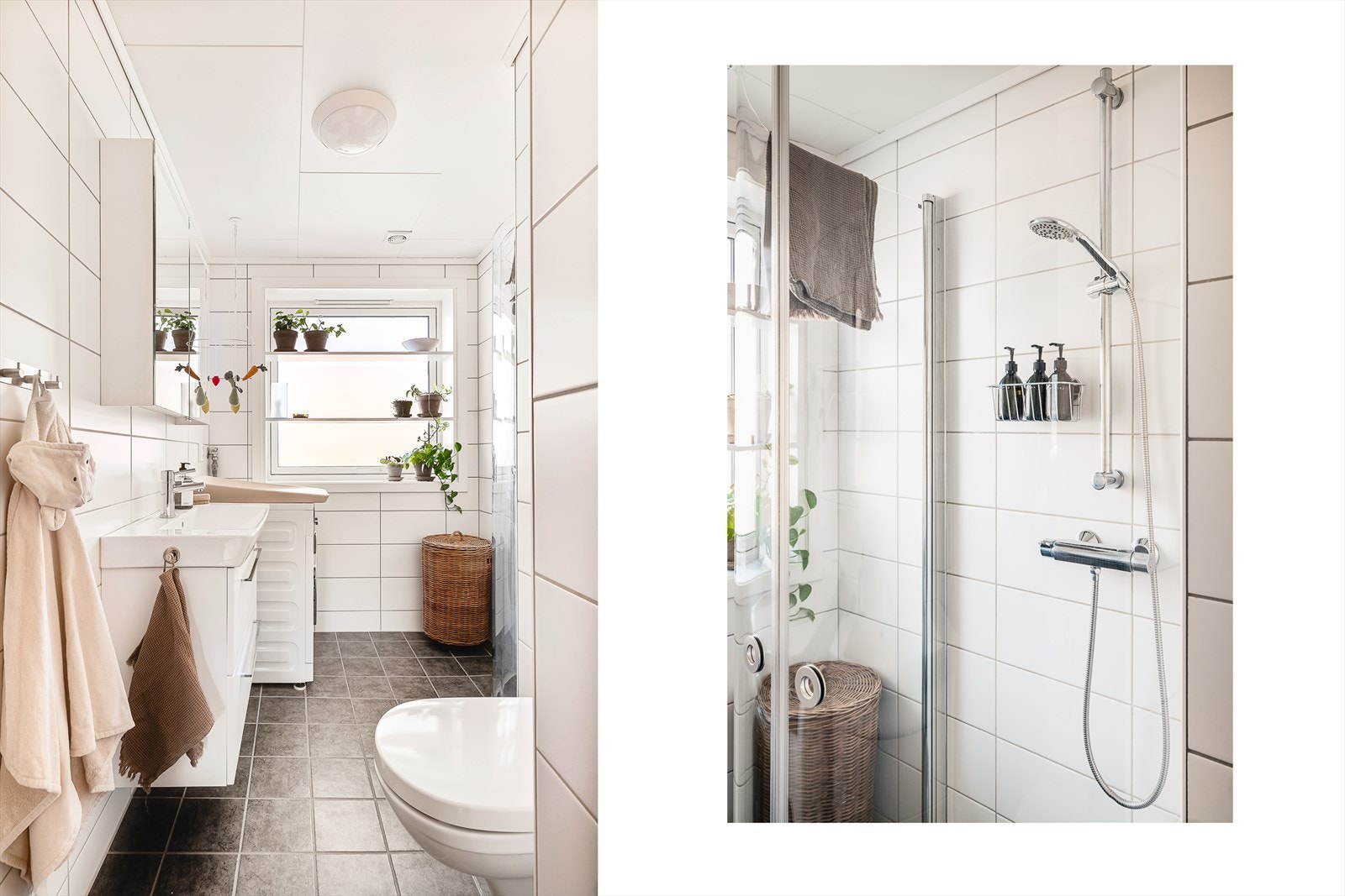 Helfliset bad på 3,7 kvm med moderne og tidløst uttrykk. Badet er funksjonelt innredet med servant med møblement, speilskap med integrert belysning, vegghengt toalett og innfellbart dusjhjørne i glass med dusjgarnityr. Galleribilde