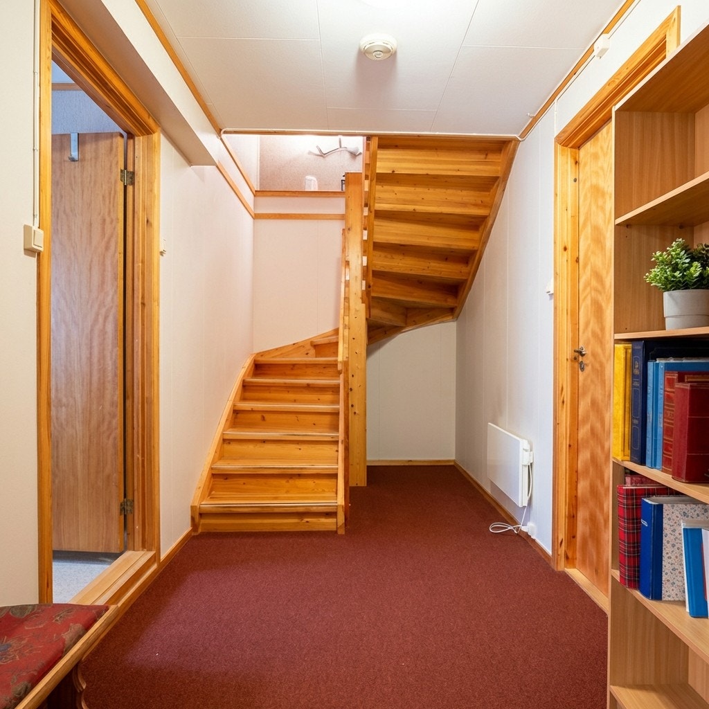 Gang kjeller. Vaskerom til venstre, hovedsoverom til høyre Galleribilde