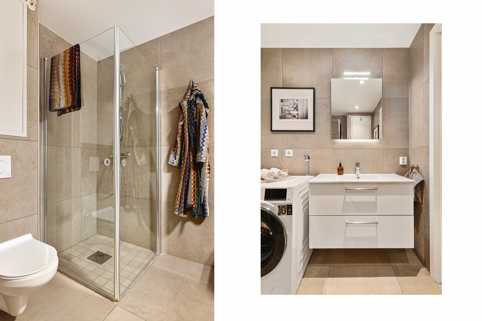 Badet er utstyrt med servant med møblement, vegghengt toalett og innfellbart dusjhjørne i glass med tilhørende dusjgarnityr. Det er opplegg for vaskemaskin, samt rør-i-rør-system og tappevannskap for trygg og moderne vanninstallasjon. Galleribilde