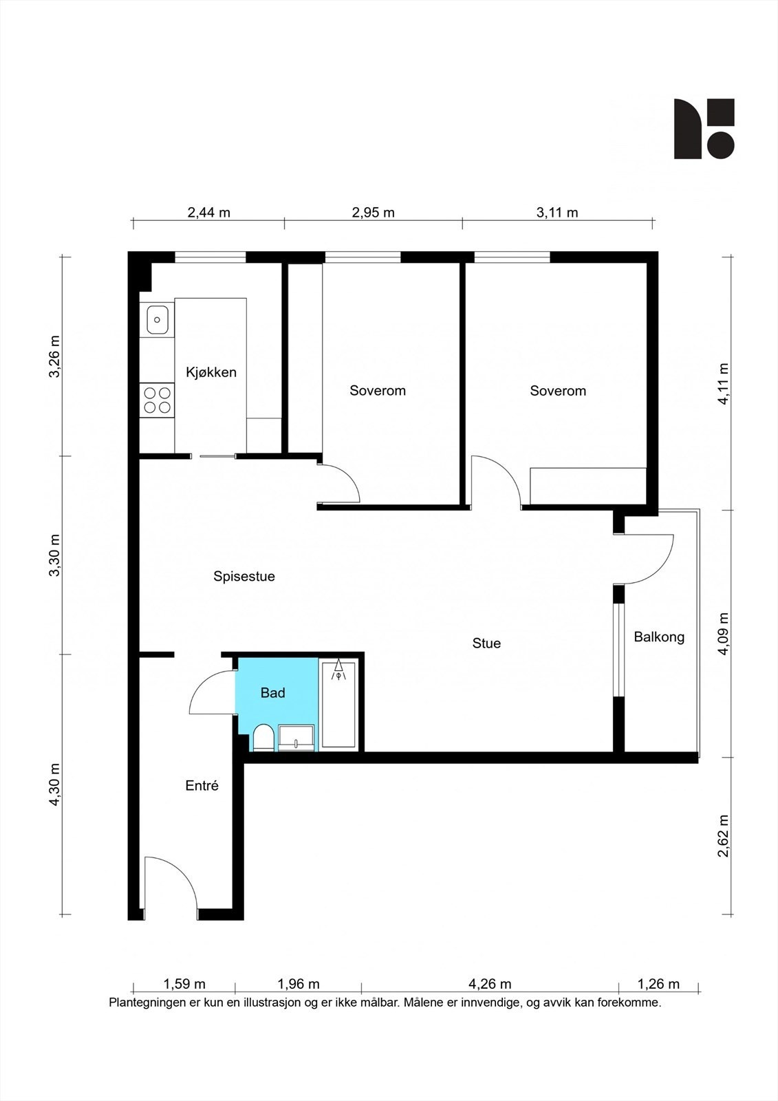 Plantegningen gir et tydelig bilde av boligens gode planløsning. Galleribilde