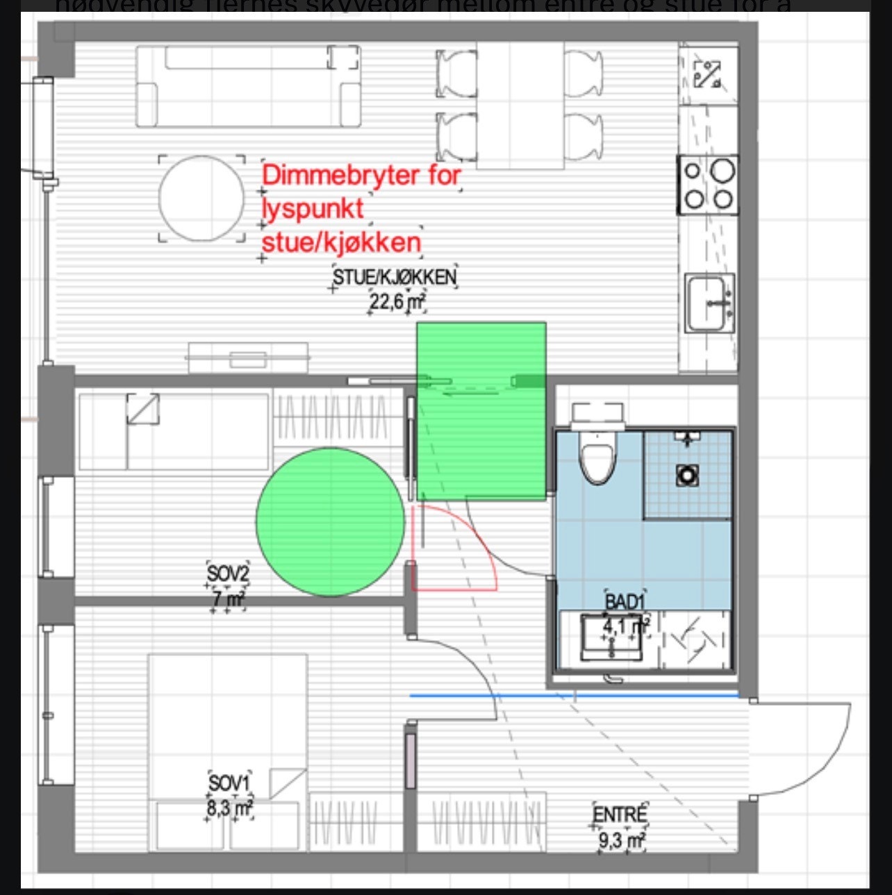 Tegning iht bestilt endring SV3-0301. Slagdør til soverom 7kvm og fjernet skyvedør til stue. Galleribilde