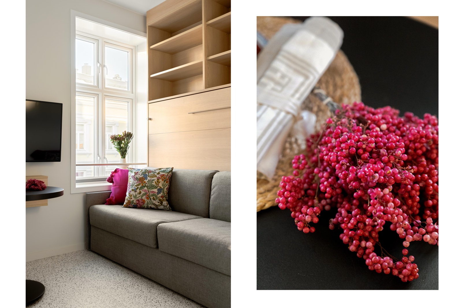 Eksempel fra en tilsvarende studioleilighet med sengen oppredd og er inne i hyllen Galleribilde