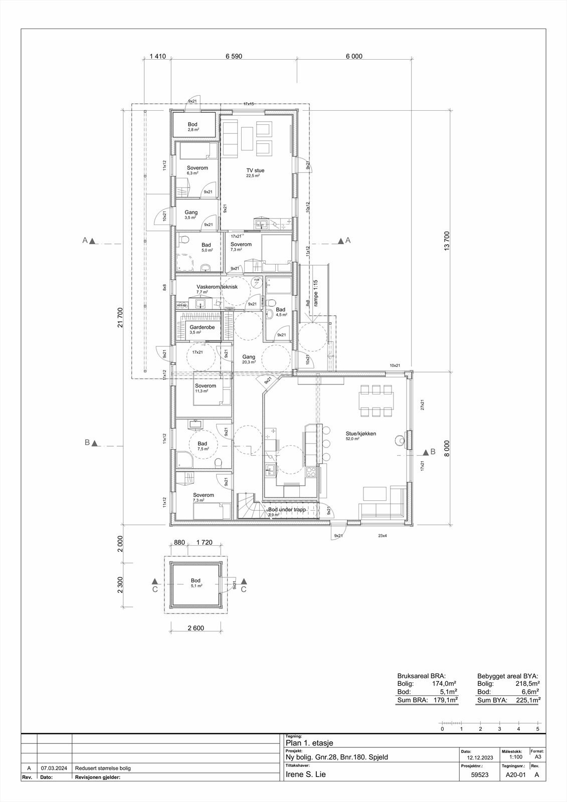 - Plantegning 1. etasje. Merk hybel med innvendig tilkomst via vaskerom, og egen inngang - Galleribilde