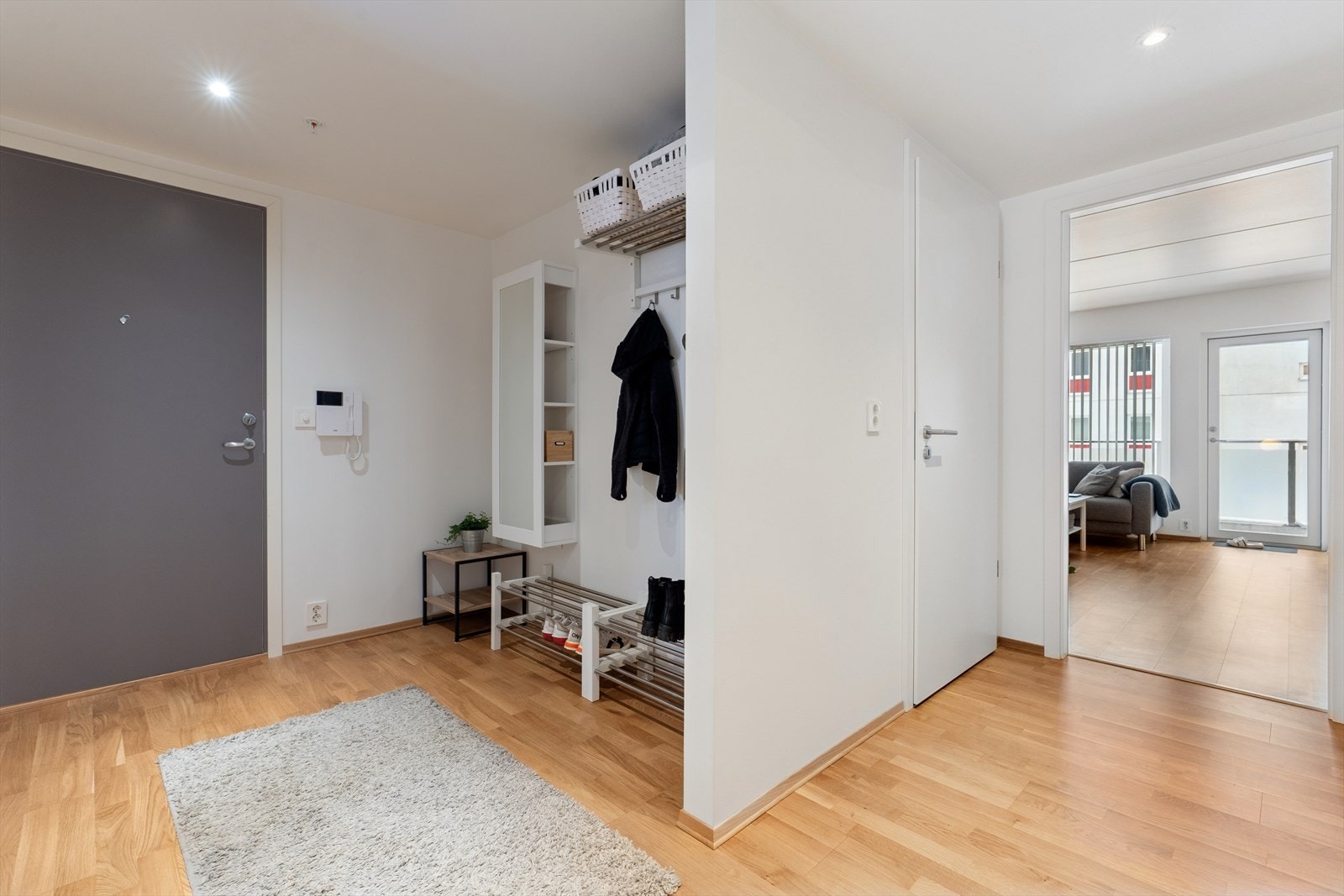 Man ønskes velkommen inn i en delvis åpen entré / gang. Porttelefon med videooverføring. Galleribilde