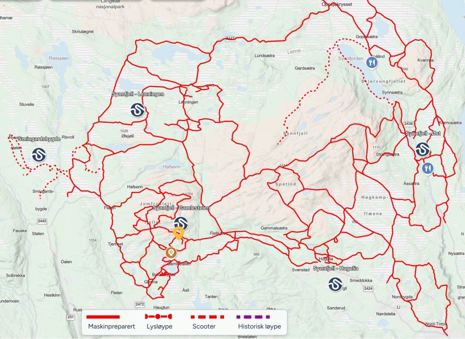 Stort løypekart i nærheten. Eiendommens plassering er merket i kartet. Skjermbilde Løypekart Sporet.no - Gamlestølen, Synnfjell Galleribilde