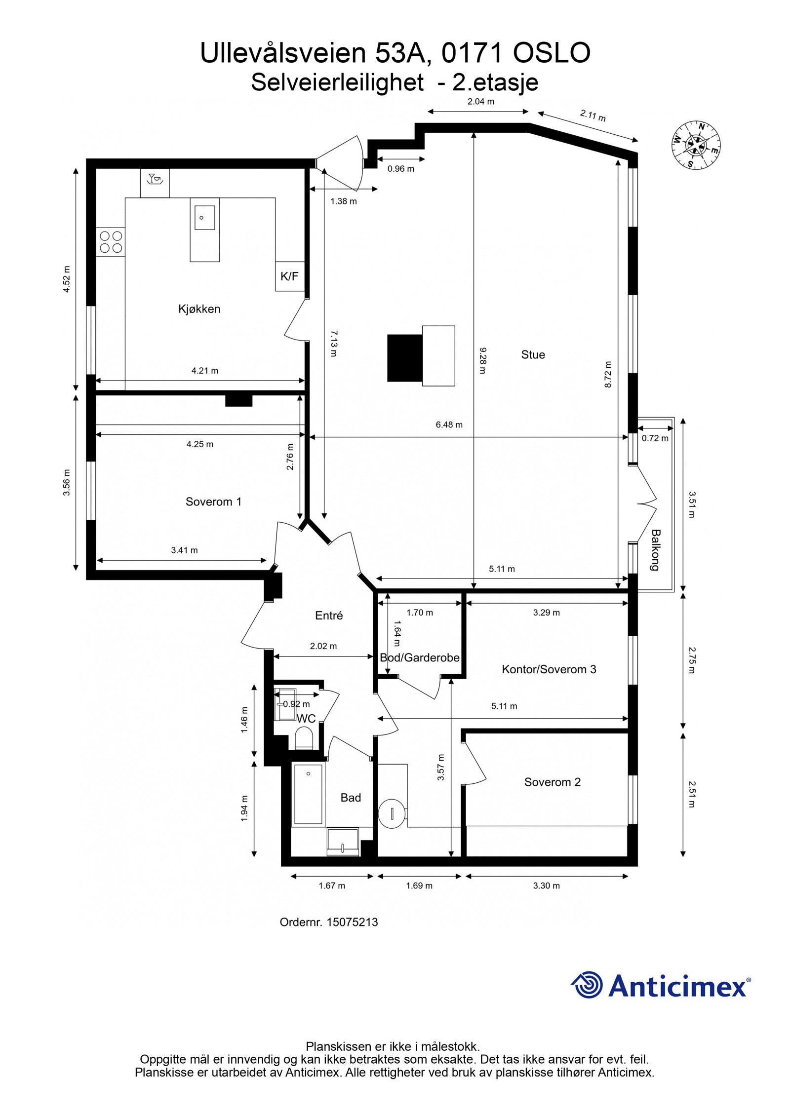 Plantegning 2. etasje. I tillegg disponerer leiligheten en bod på ca. 2m² i 2. etasje, en kjellerbod på ca. 9m², samt en loftsbod med gulvareal på ca. 4m². Galleribilde