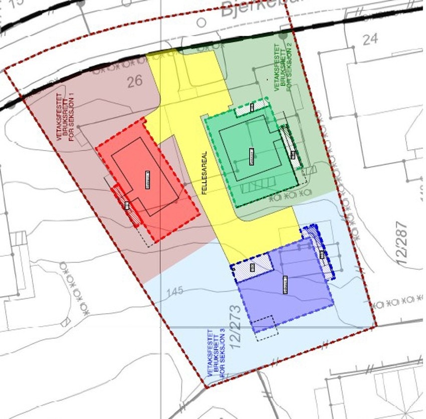 Utomhusplan med vettektsfestet bruksrett. Sekjsonen har bruksrett til det markert i rødt. Galleribilde