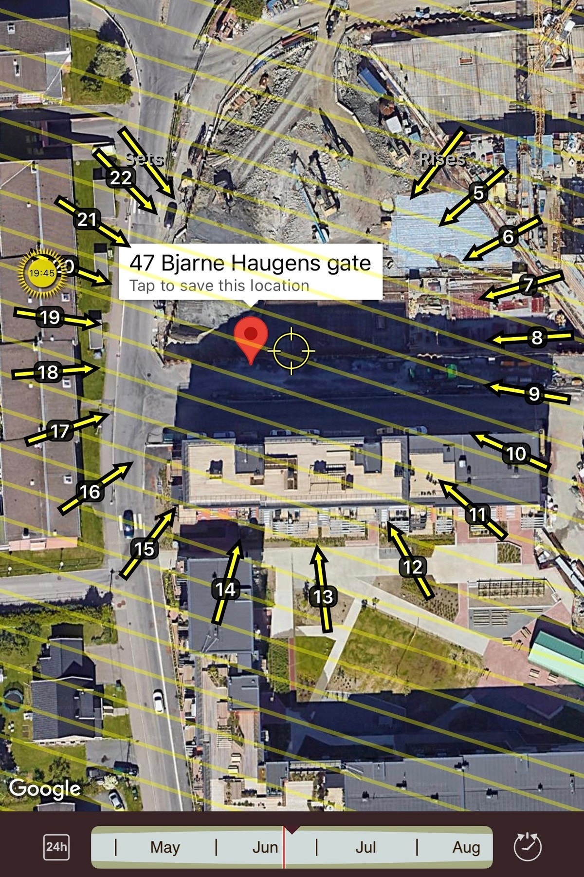 Soldiagram - Bildet viser kun solstrålenes retning. Faktiske solforhold kan avvike. Galleribilde