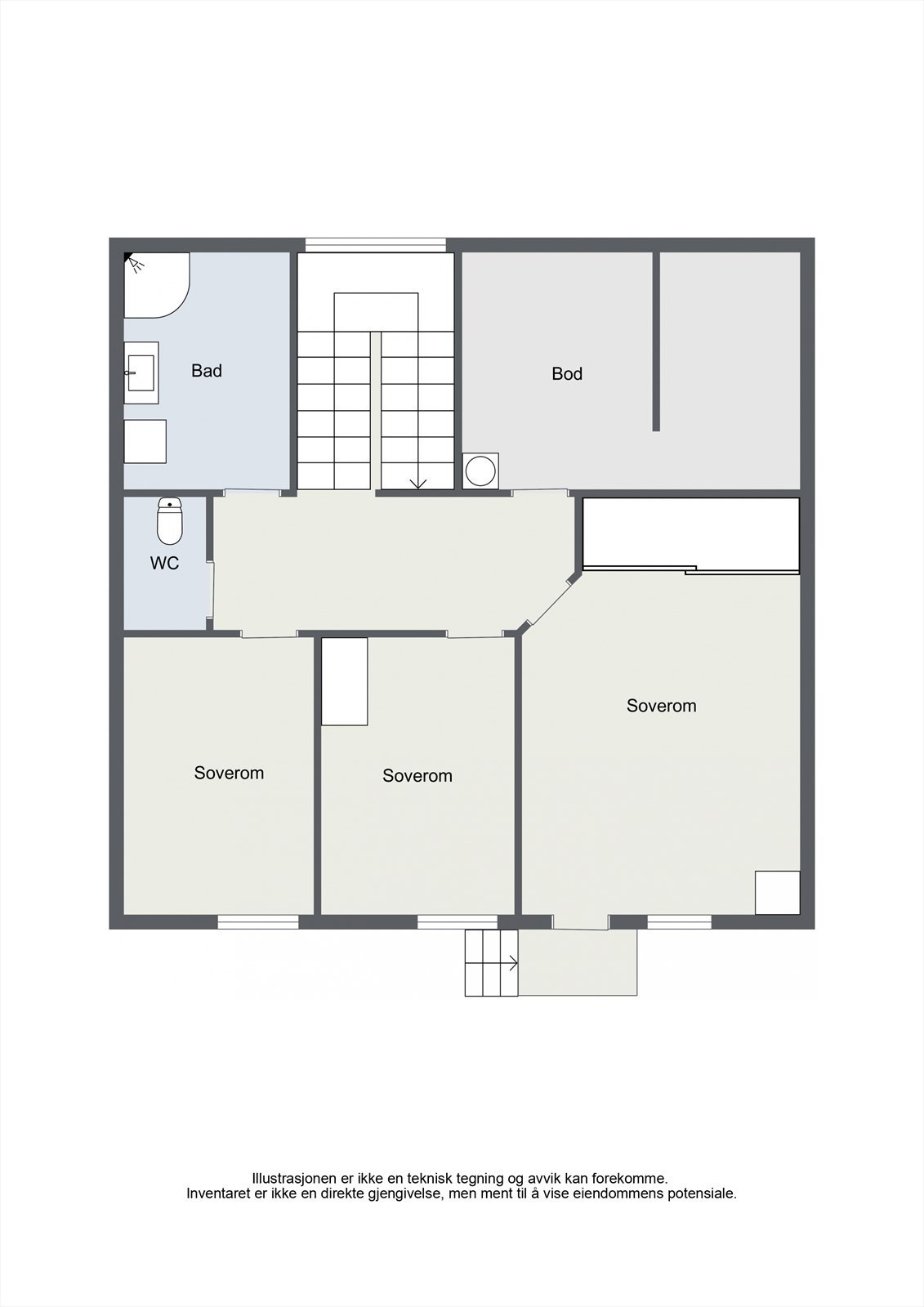 Underetasjen er innredet med tre soverom, bad, toalettrom og bod. Galleribilde