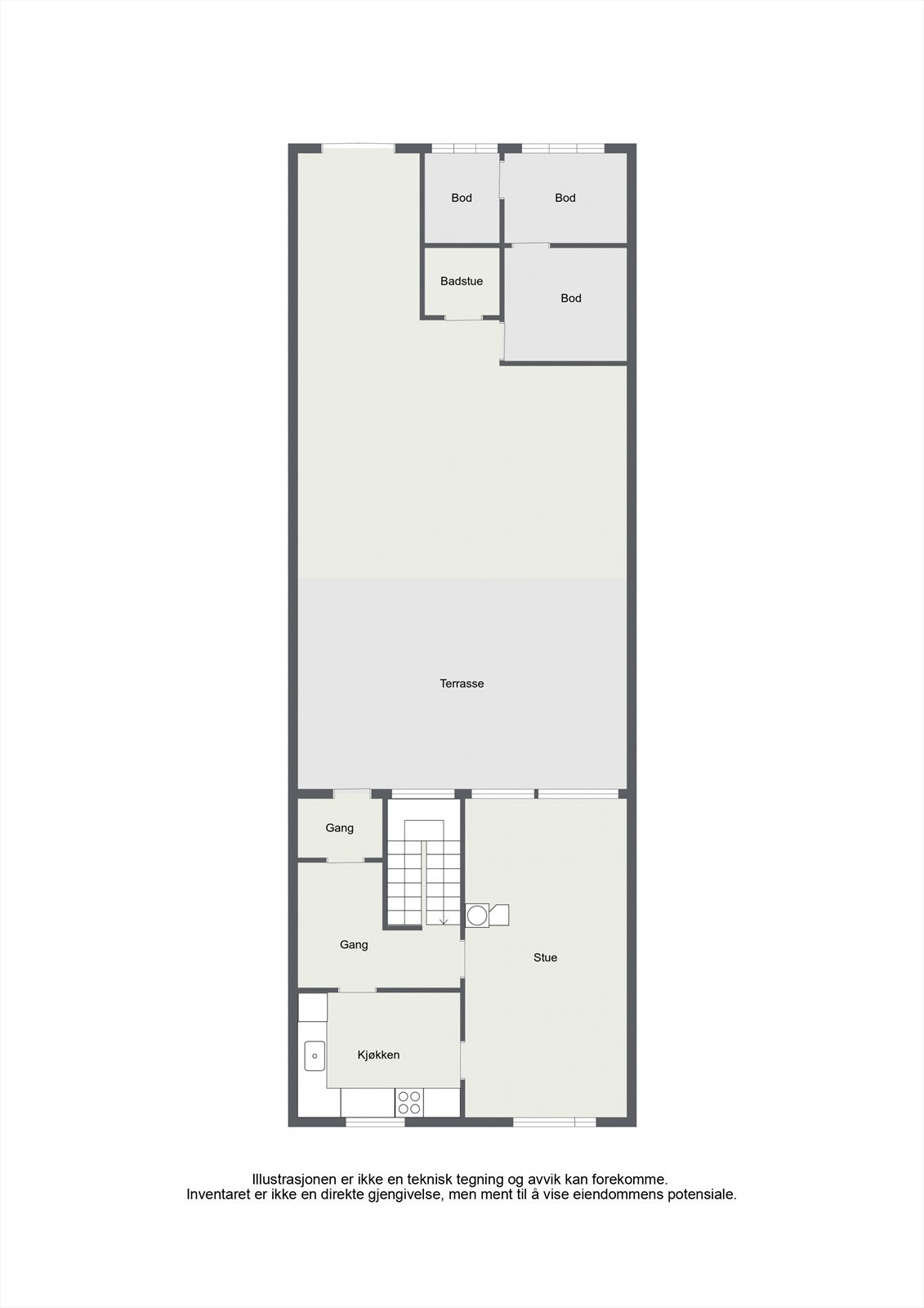 Første etasje har en arealeffektiv planløsning med stue, kjøkken, hall og vindfang. Galleribilde