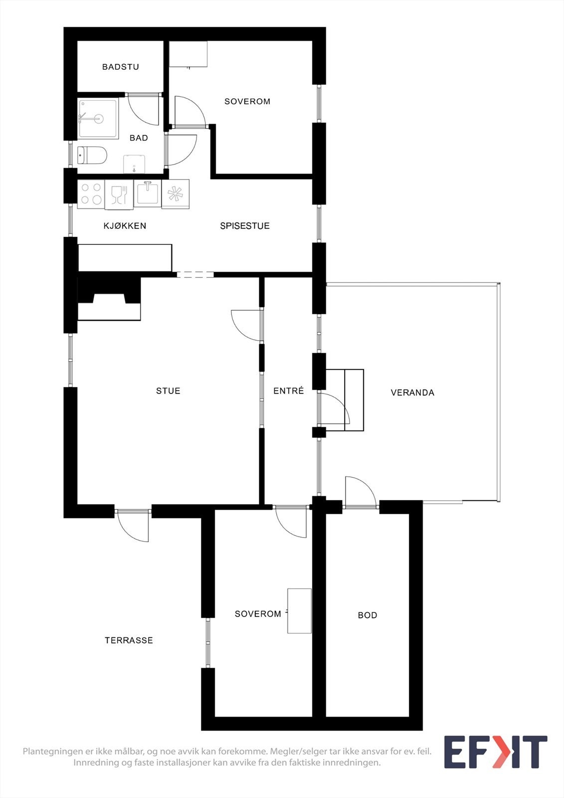 Planløsningen viser en praktisk organisering med stue, kjøkken, to soverom, bad og badstue. Og to solrike uteplasser. Galleribilde