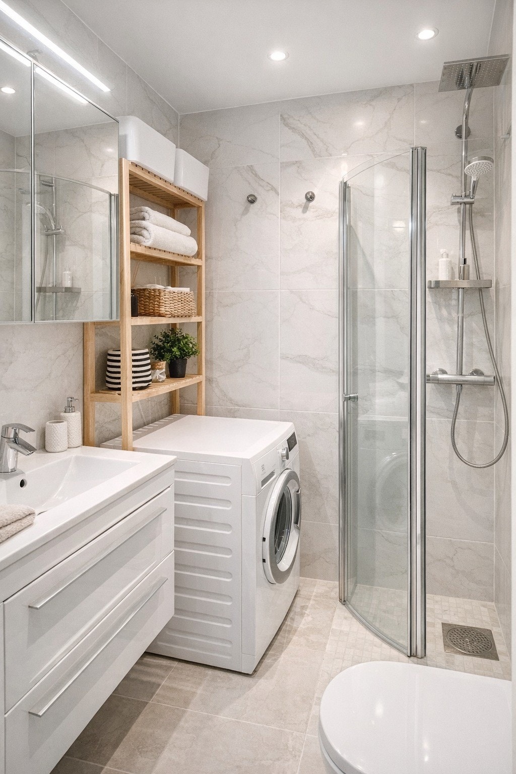 Pent baderom med fliser på gulv og vegger, gulvvarme, rikelig oppbevaring og opplegg for vaskemaskin Galleribilde