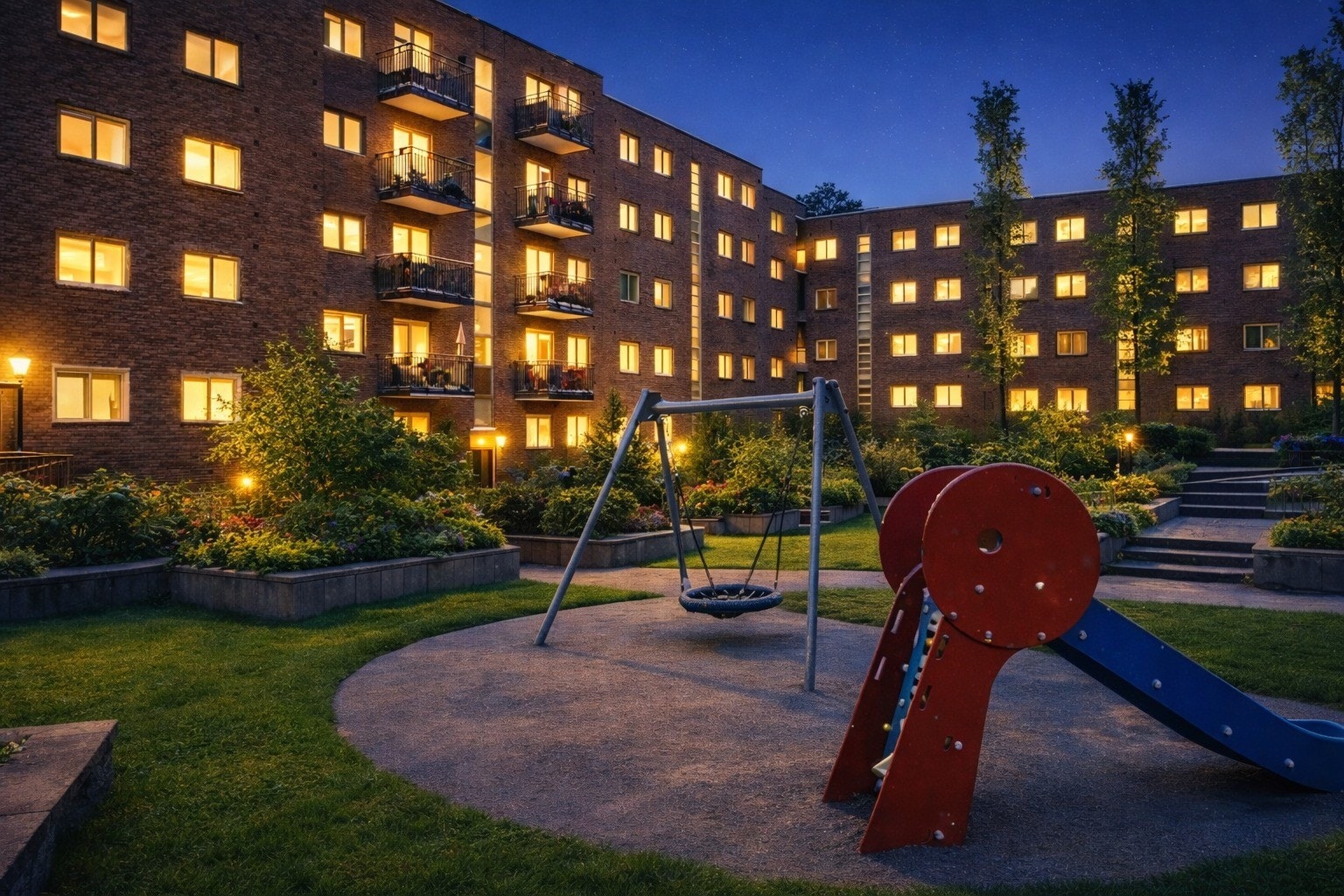 Grønt og frodig gårdsrom med lekeplass samt sitte- og grillområde for voksne. Galleribilde